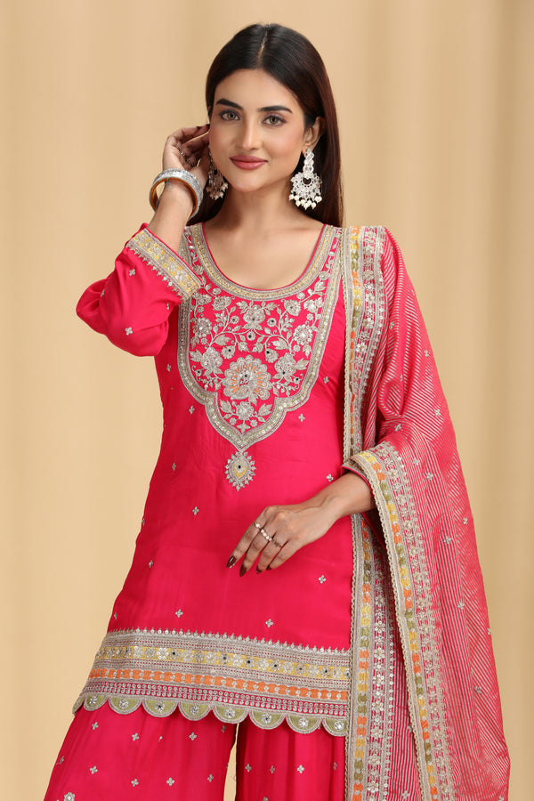 Rani Pink Organza Outfit with Mirror & Zari Work