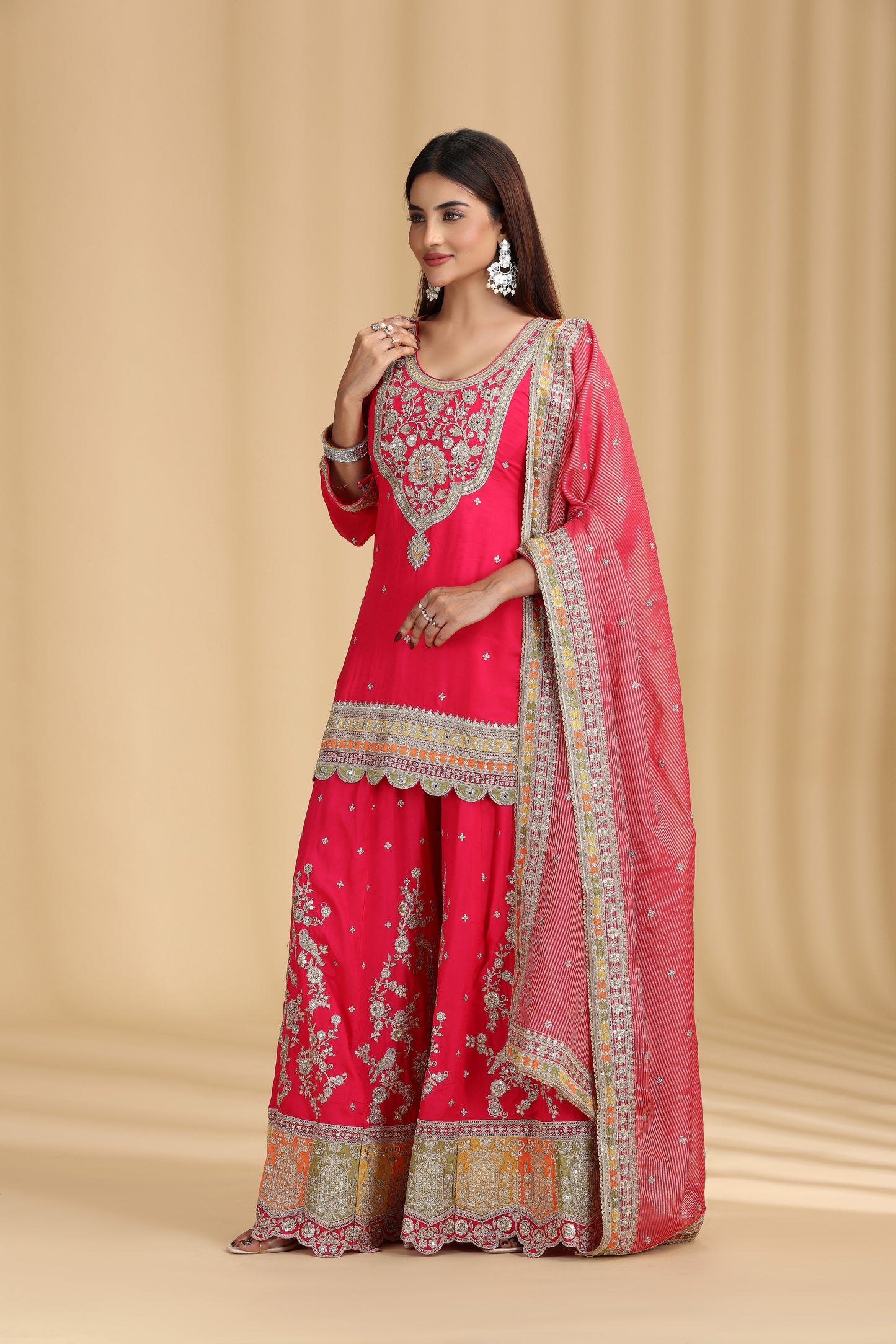Rani Pink Organza Outfit with Mirror & Zari Work