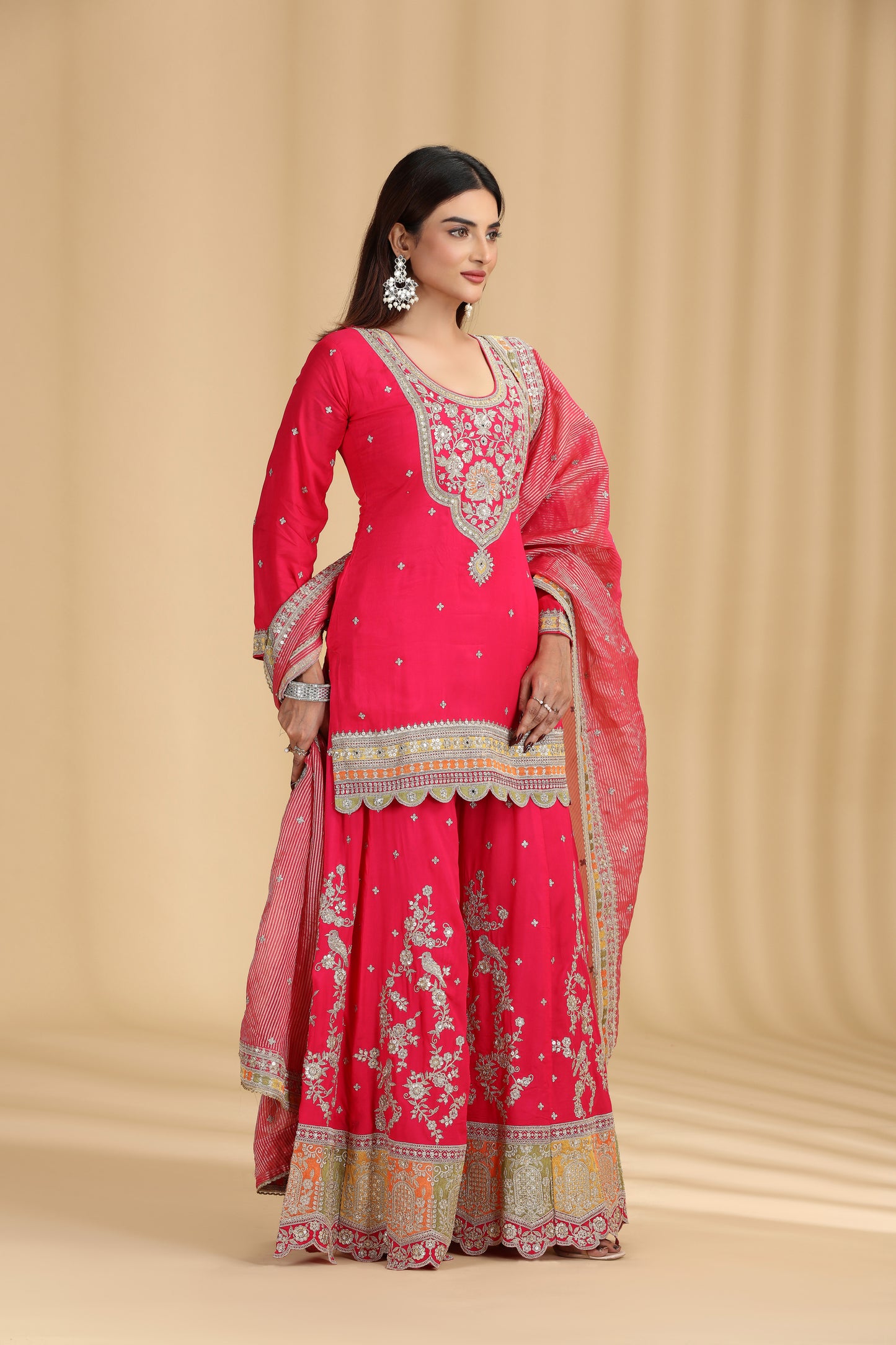 Rani Pink Organza Outfit with Mirror & Zari Work