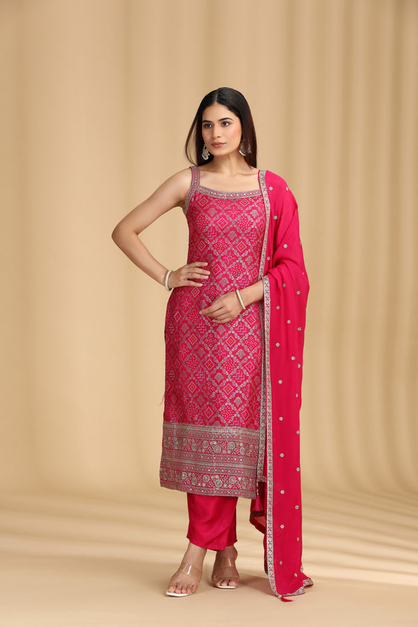 Rani Pink Banarasi & Chinnon Outifit with Sequins & Zari Work
