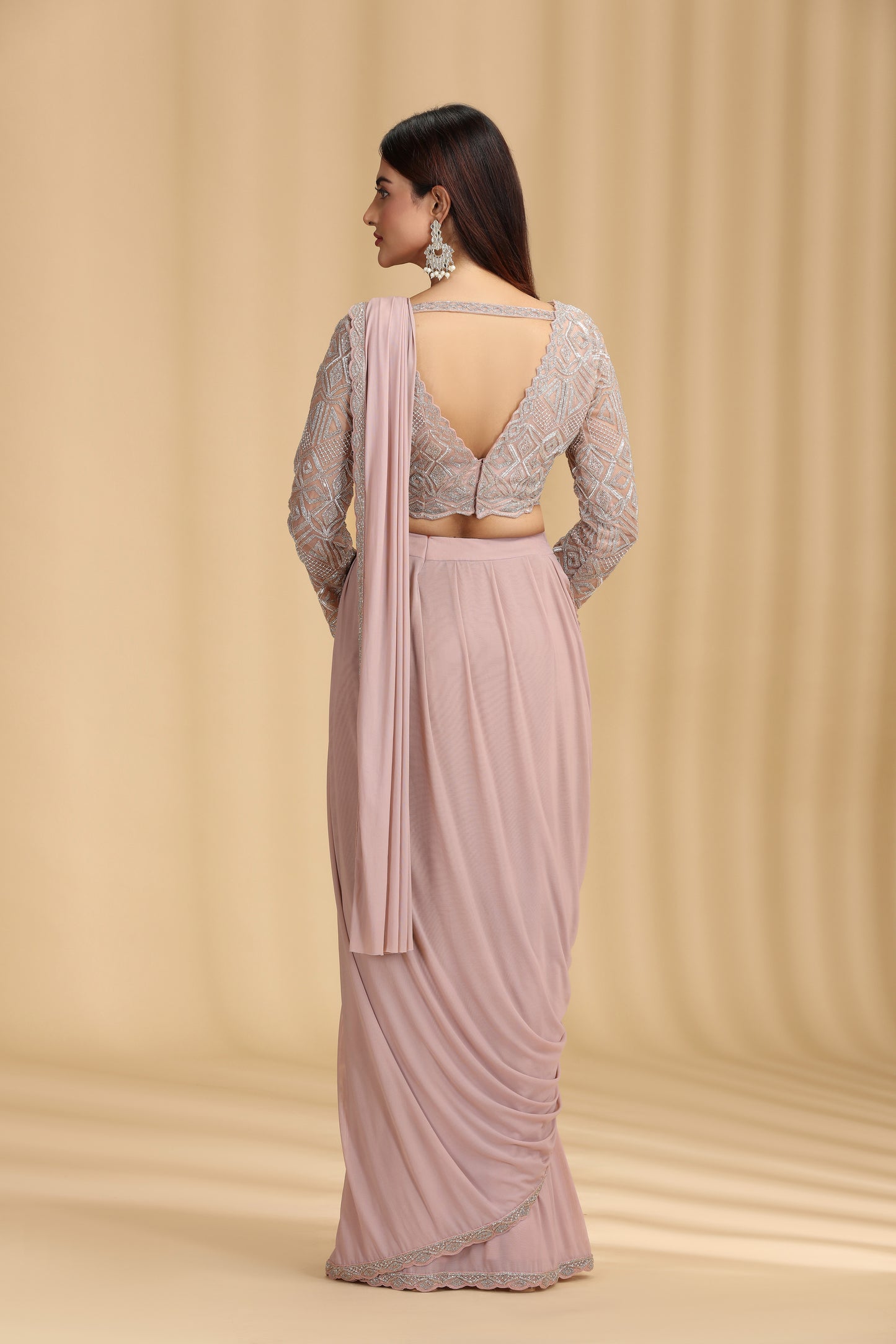 Beige Draped Saree with Intricate Beaded Blouse