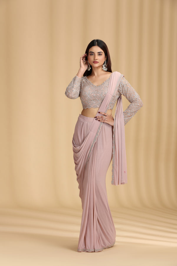 Beige Draped Saree with Intricate Beaded Blouse