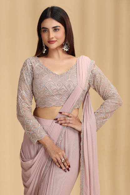 Beige Draped Saree with Intricate Beaded Blouse