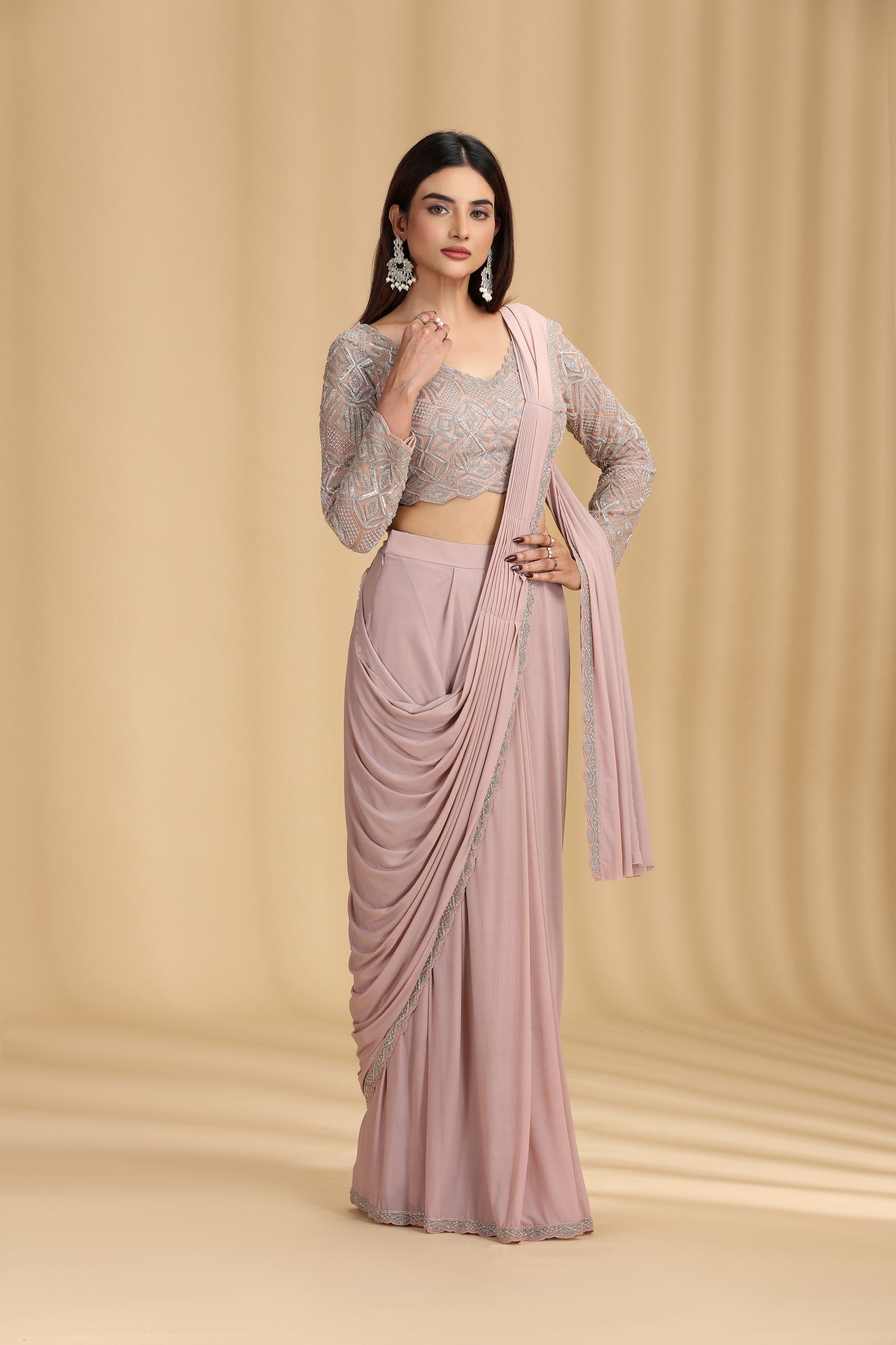 Beige Draped Saree with Intricate Beaded Blouse