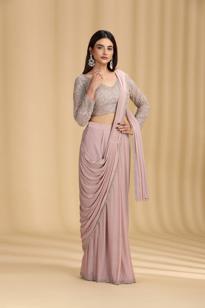 Beige Draped Saree with Intricate Beaded Blouse