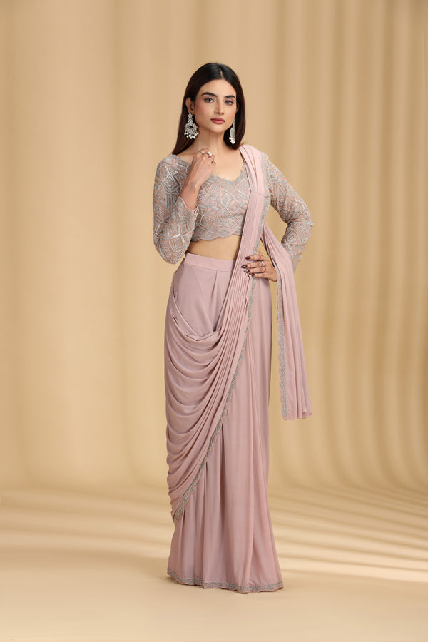 Beige Draped Saree with Intricate Beaded Blouse