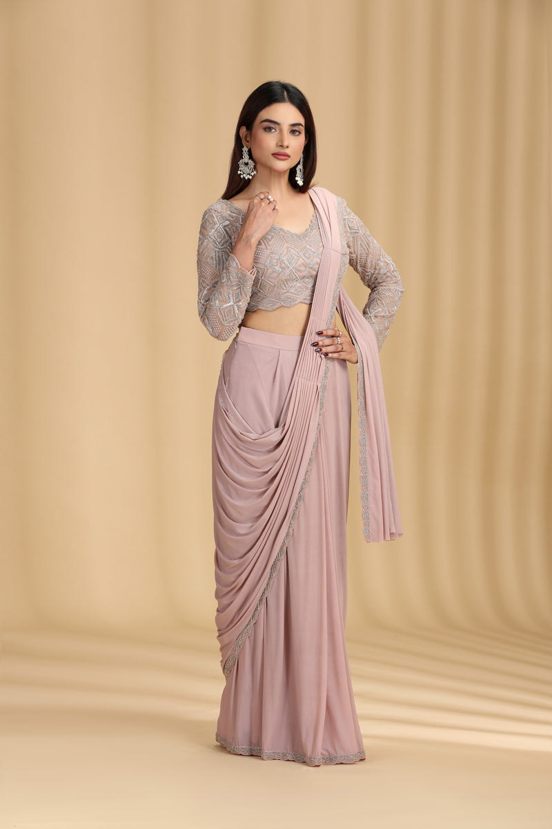 Beige Draped Saree with Intricate Beaded Blouse