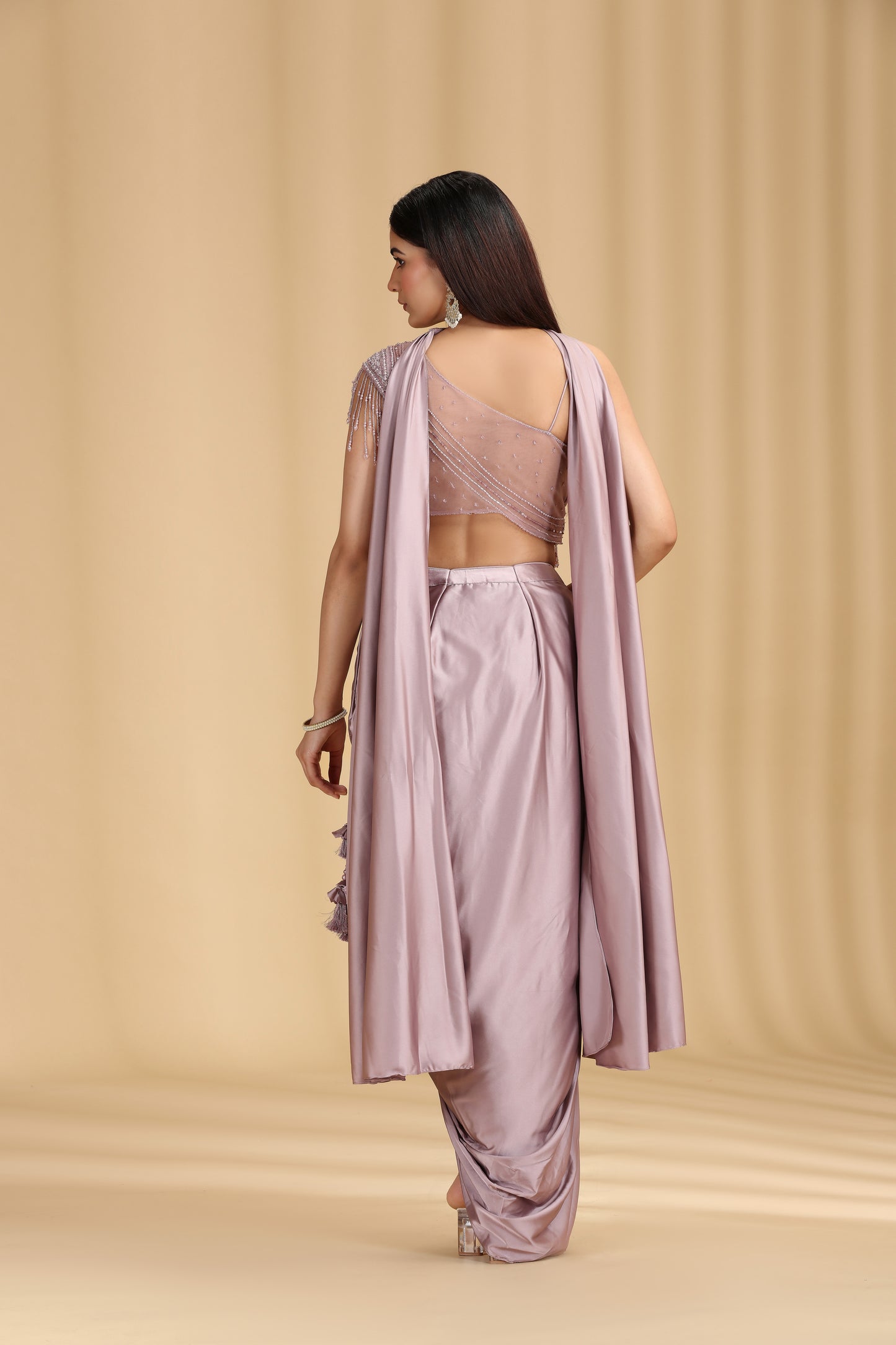 Lilac Net & Satin Silk Outfit with Pearl Work