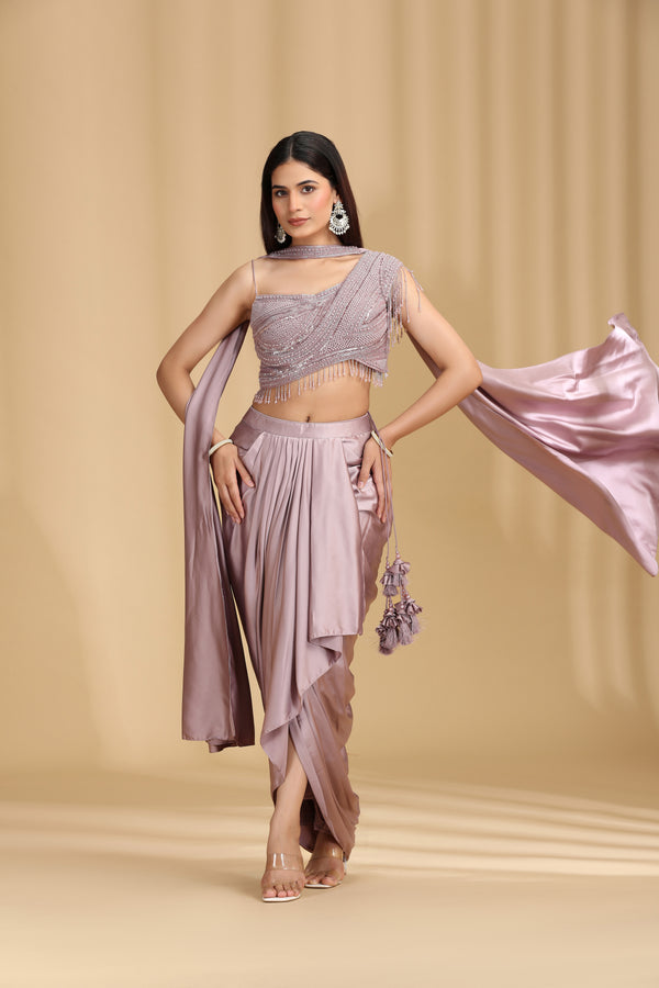 Lilac Net & Satin Silk Outfit with Pearl Work