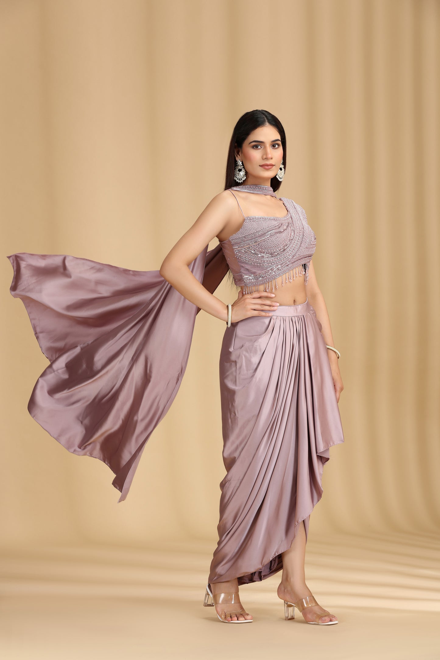 Lilac Net & Satin Silk Outfit with Pearl Work