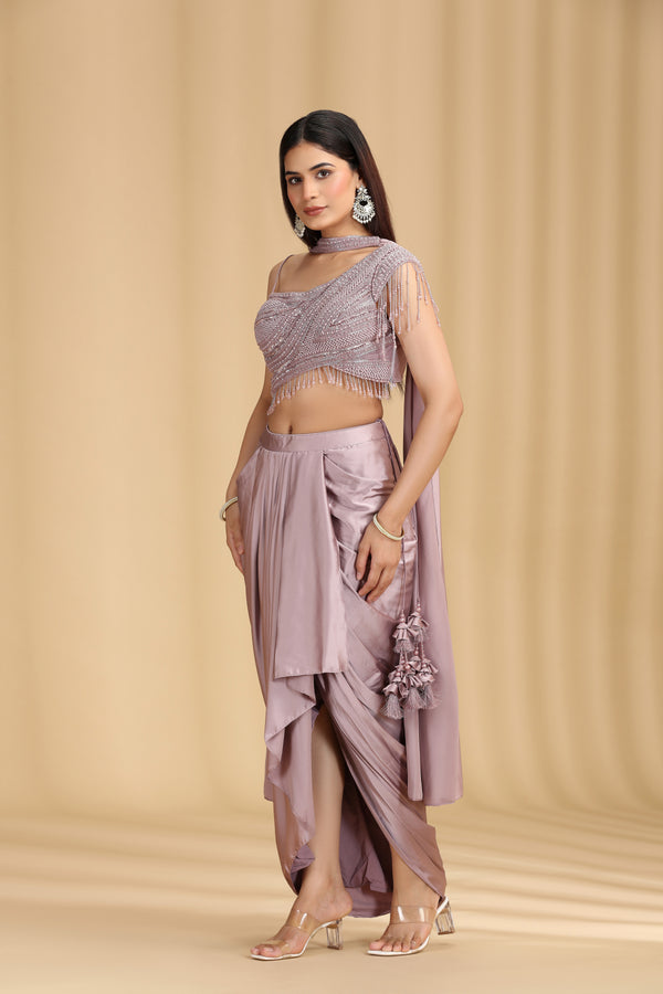 Lilac Net & Satin Silk Outfit with Pearl Work