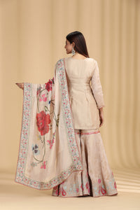 Beige Tissue Organza Outfit with Aari & Appliqué Work