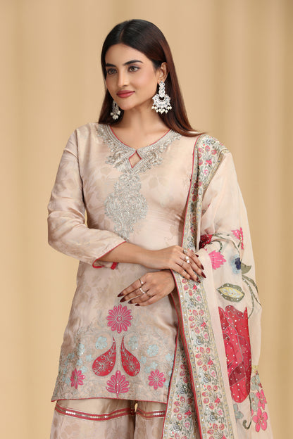 Beige Tissue Organza Outfit with Aari & Appliqué Work