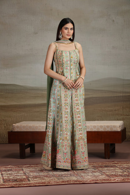 Green Crepe Outfit with Printed, Sequins & Zari Work