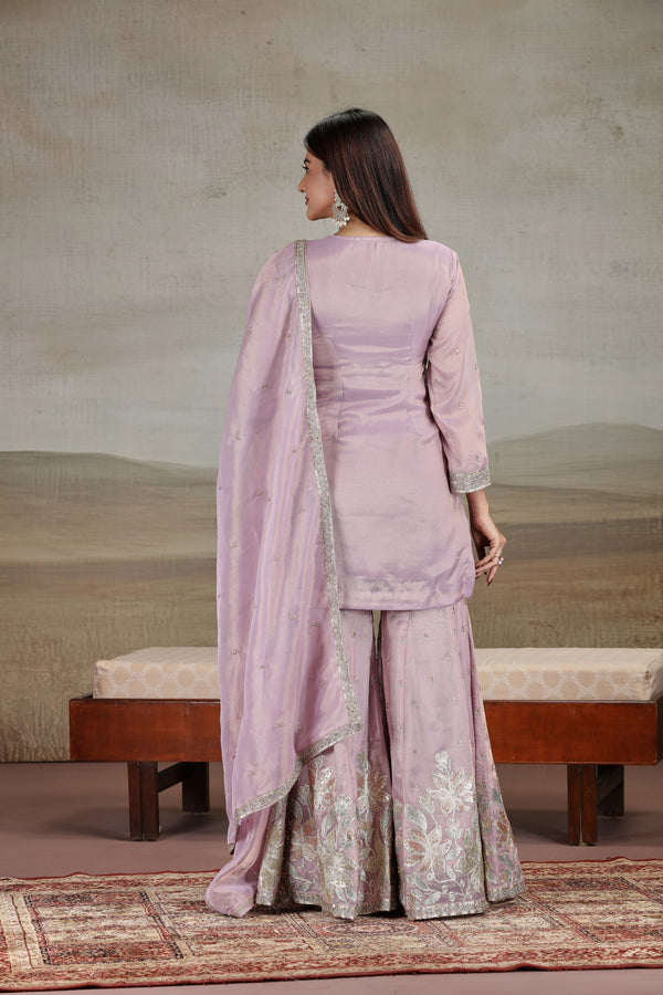 Onion Pink Tissue Suit Set with Stone, Tikki & Zari Work