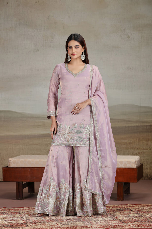 Onion Pink Tissue Suit Set with Stone, Tikki & Zari Work