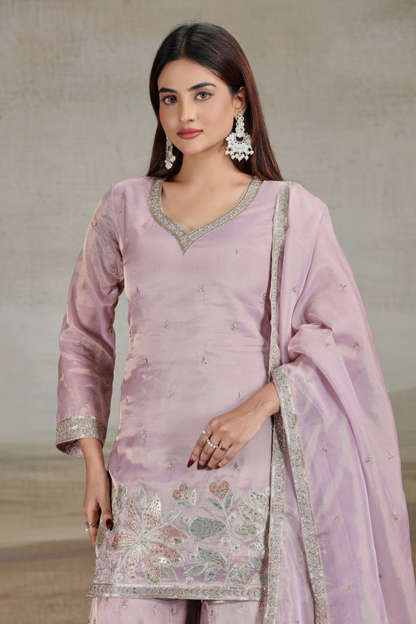 Onion Pink Tissue Suit Set with Stone, Tikki & Zari Work