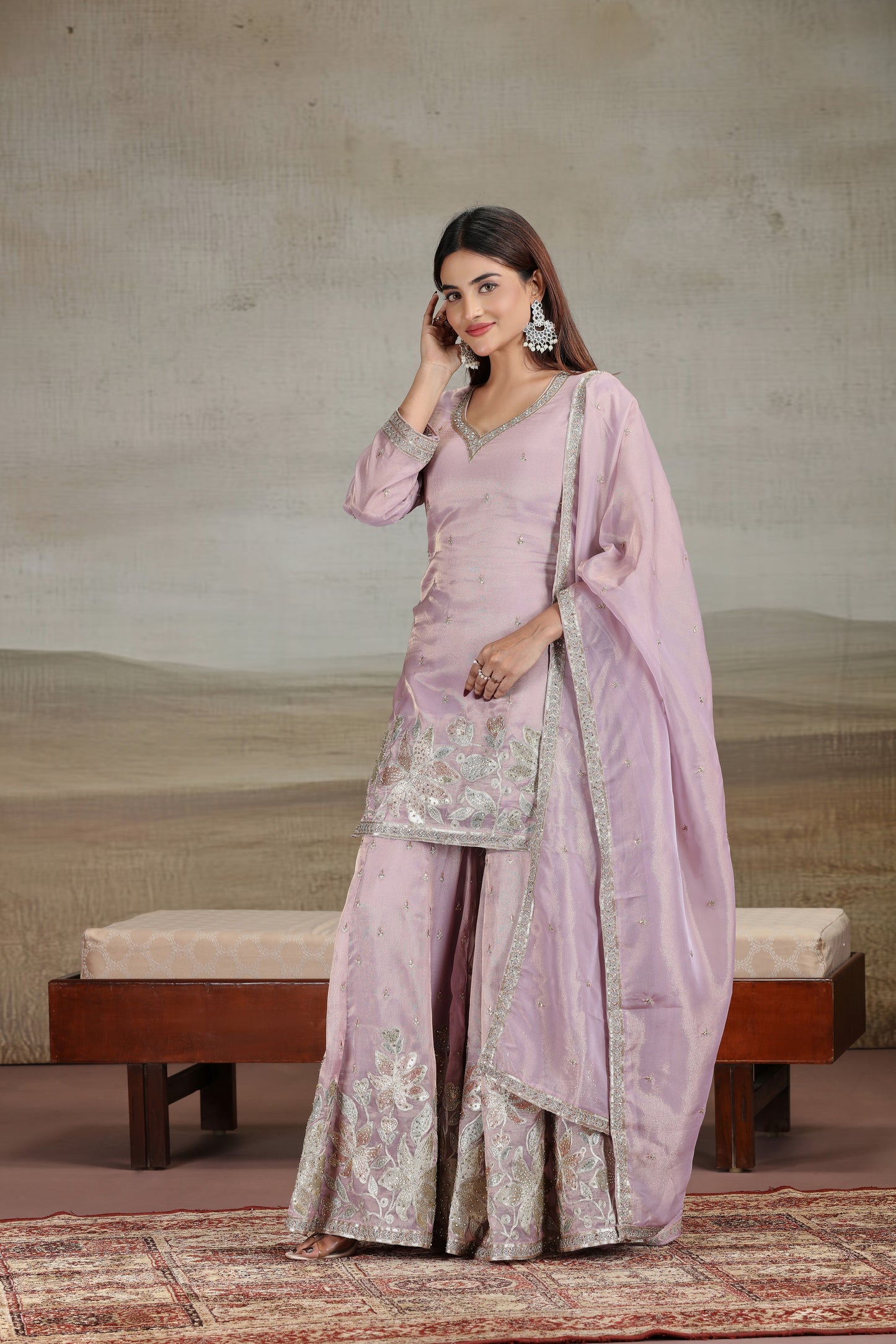 Onion Pink Tissue Suit Set with Stone, Tikki & Zari Work