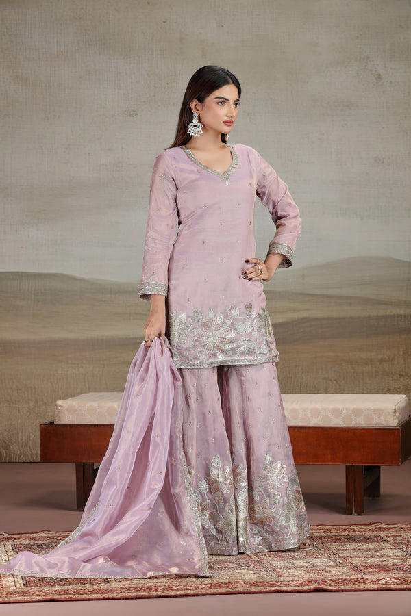 Onion Pink Tissue Suit Set with Stone, Tikki & Zari Work