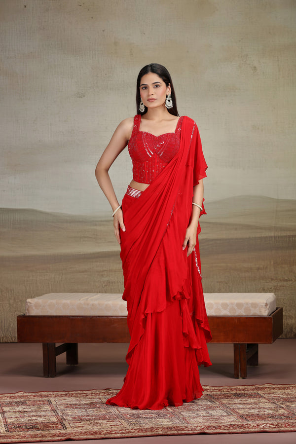 Bold Red Draped Saree with Embellished Blouse