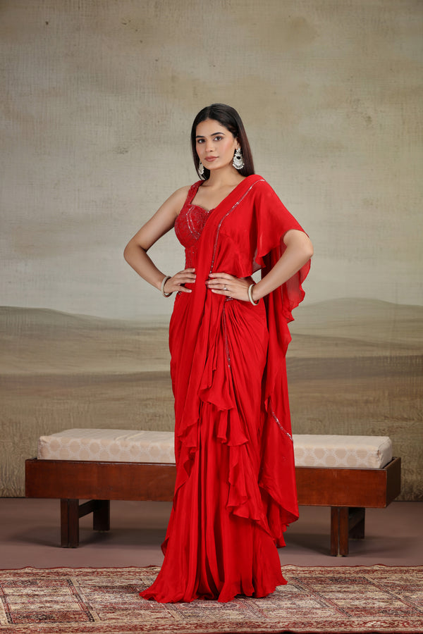 Bold Red Draped Saree with Embellished Blouse