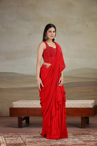 Bold Red Draped Saree with Embellished Blouse
