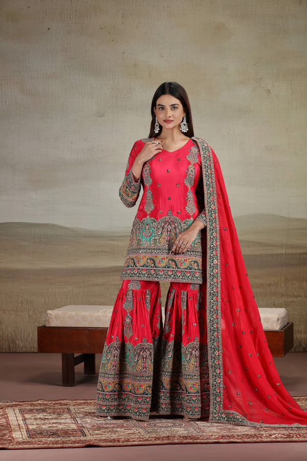 Rani Pink Crepe Suit Set with Sequins, Thread, Resham & Zari Work