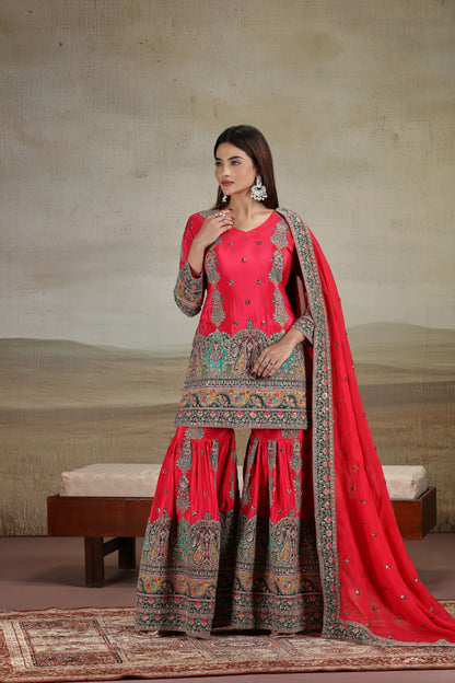 Rani Pink Crepe Suit Set with Sequins, Thread, Resham & Zari Work