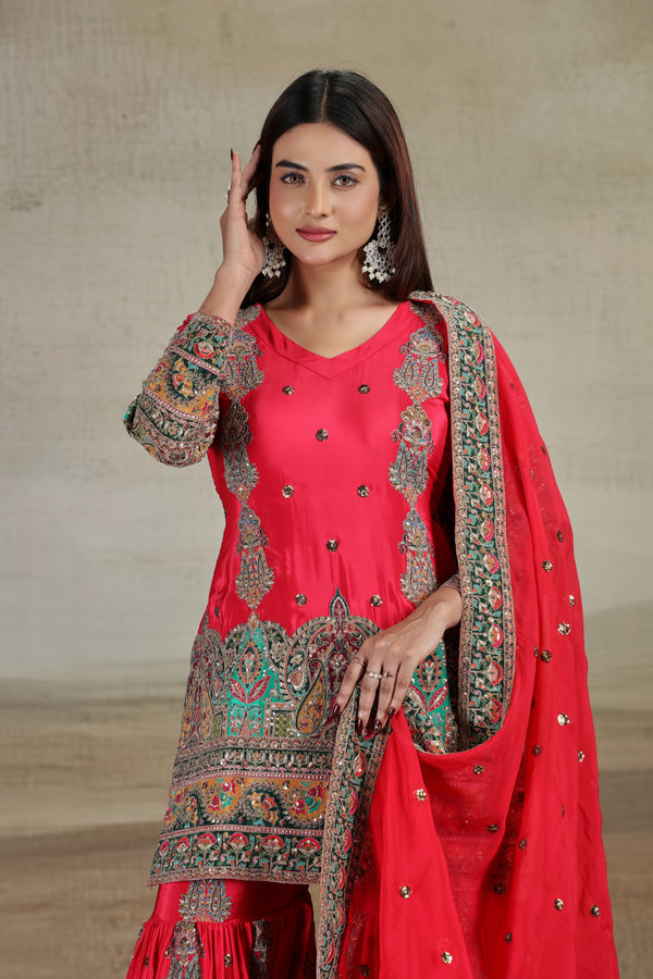 Rani Pink Crepe Suit Set with Sequins, Thread, Resham & Zari Work