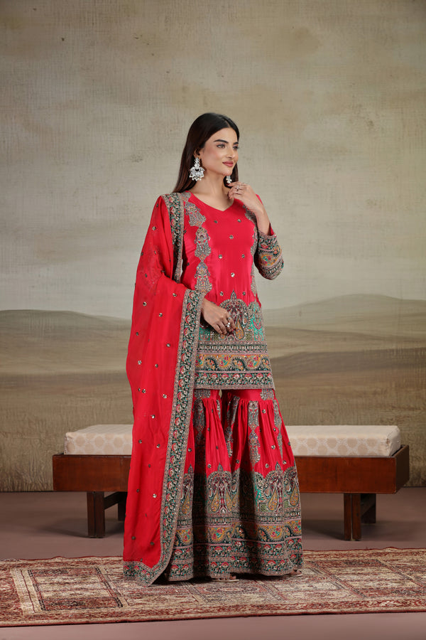 Rani Pink Crepe Suit Set with Sequins, Thread, Resham & Zari Work