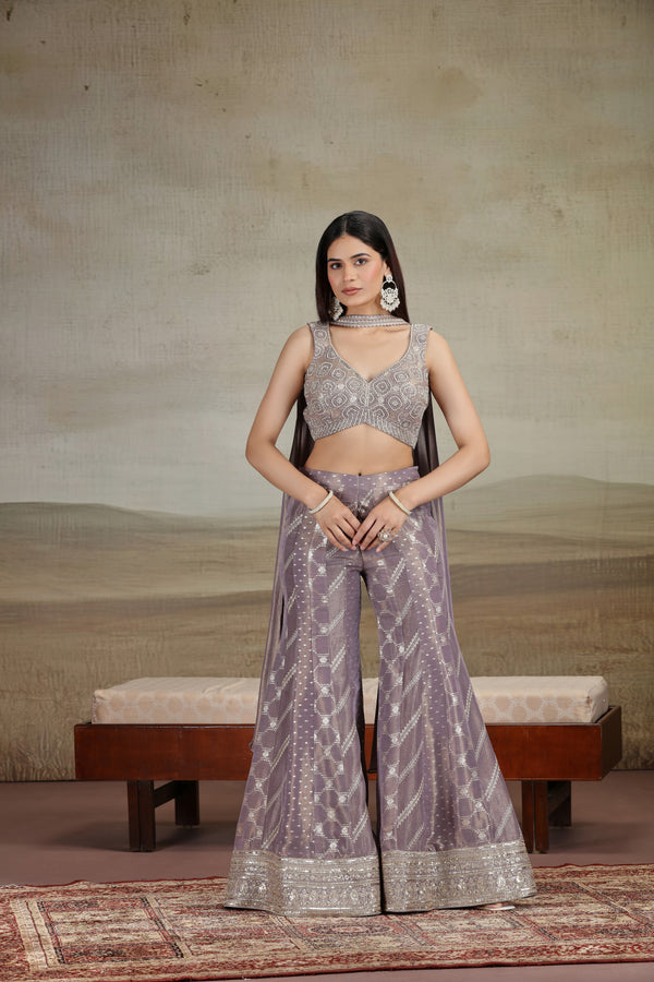 Purple Banarasi Silk Outfit with Zardosi & Pearl Work