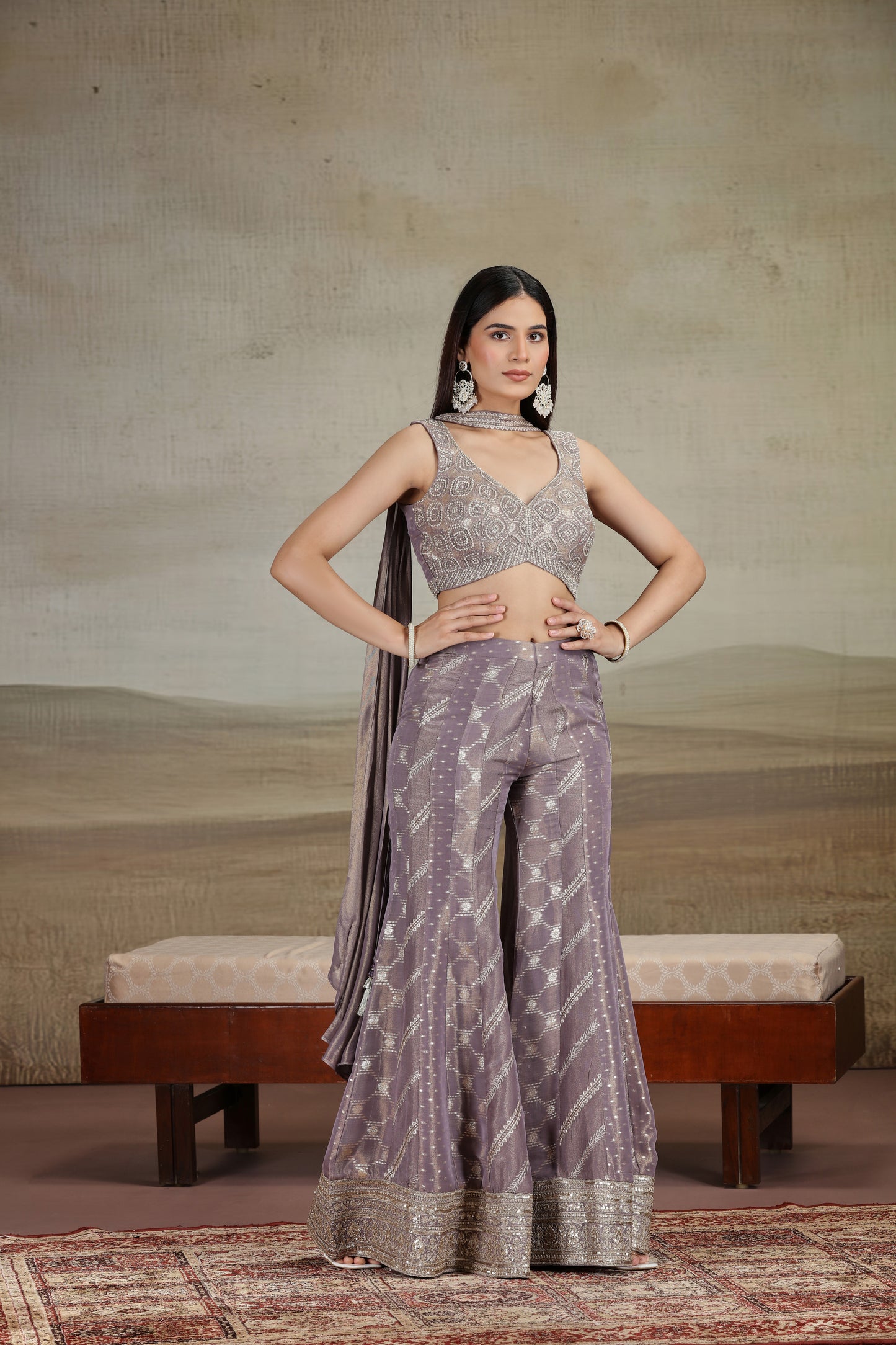 Purple Banarasi Silk Outfit with Zardosi & Pearl Work