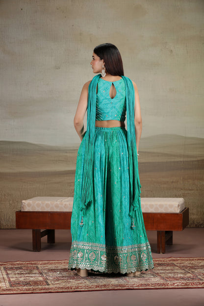 Green Satin Silk Outfit with Bandhej & Zari Work
