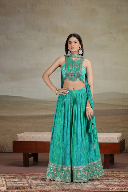 Green Satin Silk Outfit with Bandhej & Zari Work