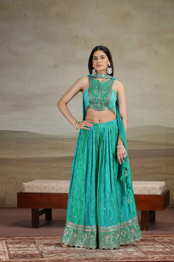 Green Satin Silk Outfit with Bandhej & Zari Work