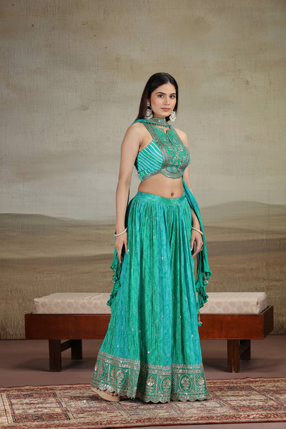 Green Satin Silk Outfit with Bandhej & Zari Work