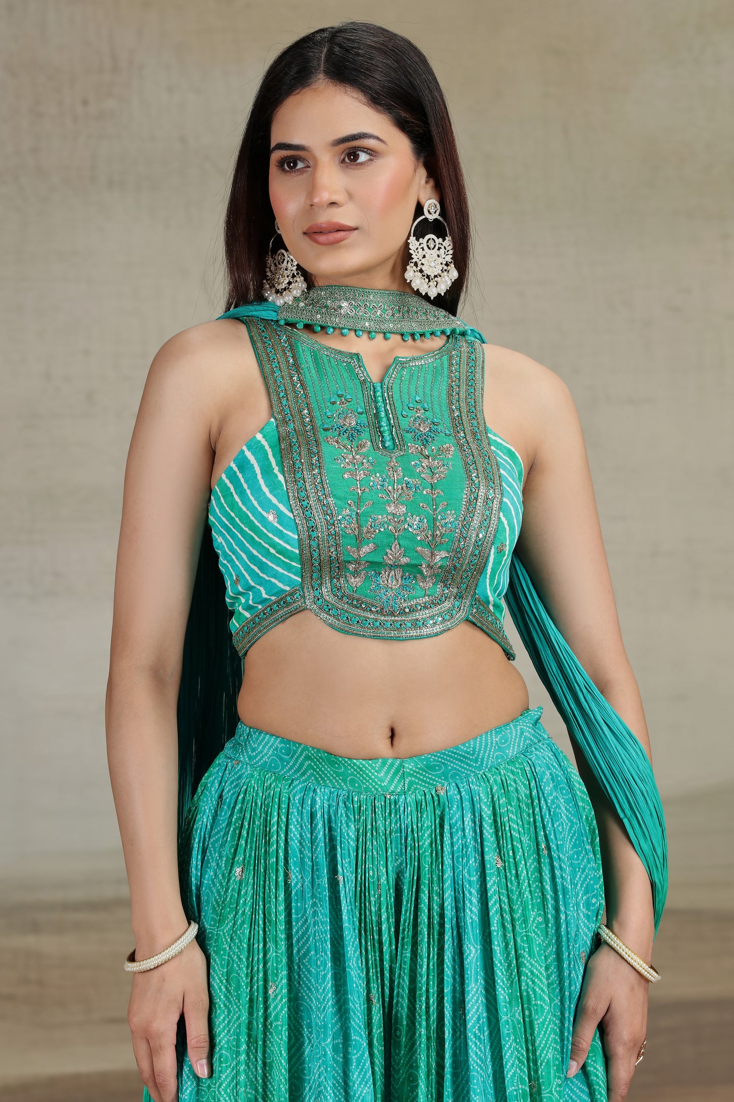 Green Satin Silk Outfit with Bandhej & Zari Work