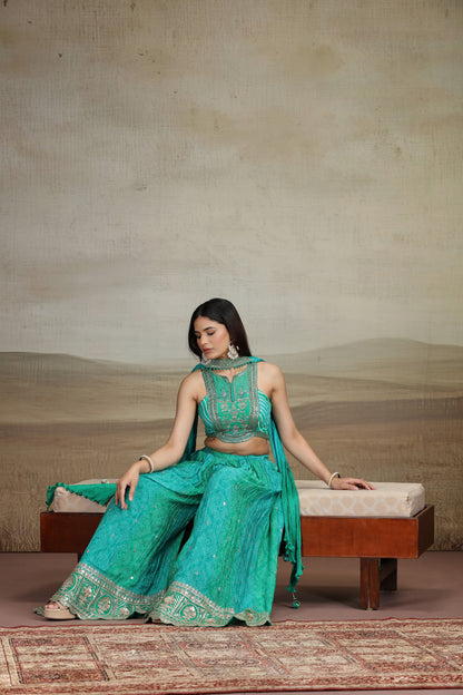 Green Satin Silk Outfit with Bandhej & Zari Work