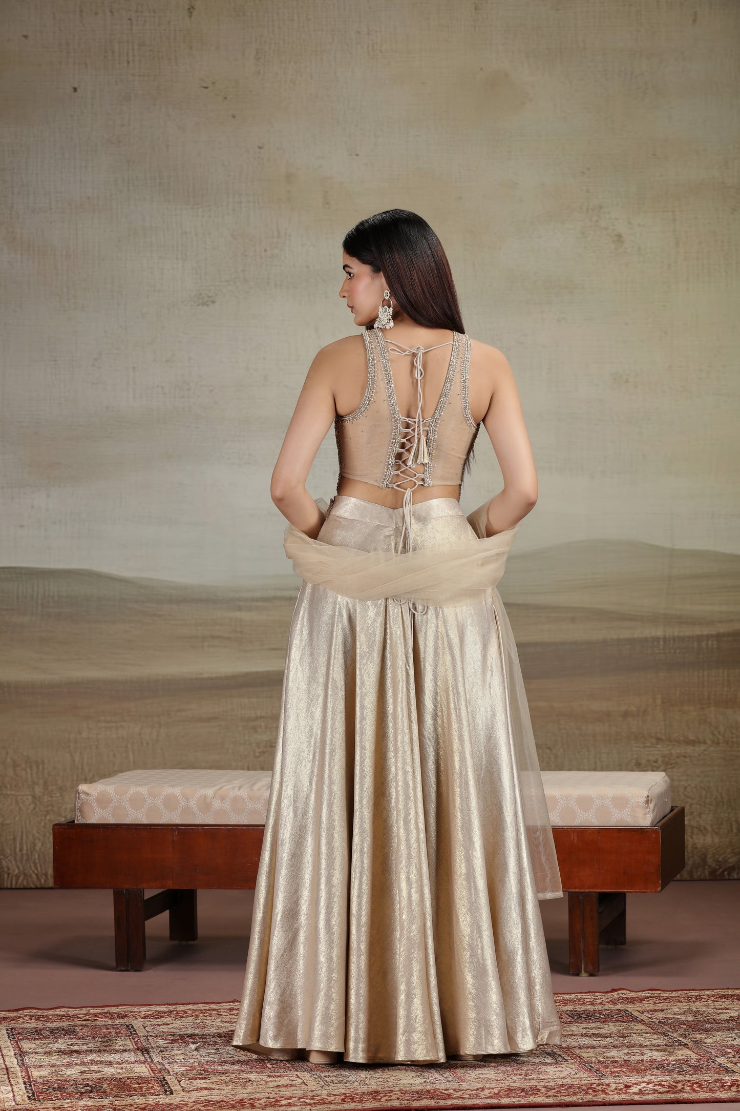 Gold Net & Velvet Outfit with Pearls & Zari Work