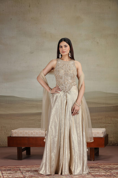 Gold Net & Velvet Outfit with Pearls & Zari Work