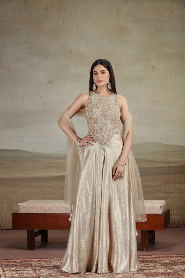 Gold Net & Velvet Outfit with Pearls & Zari Work