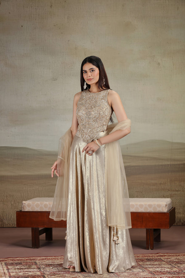Gold Net & Velvet Outfit with Pearls & Zari Work