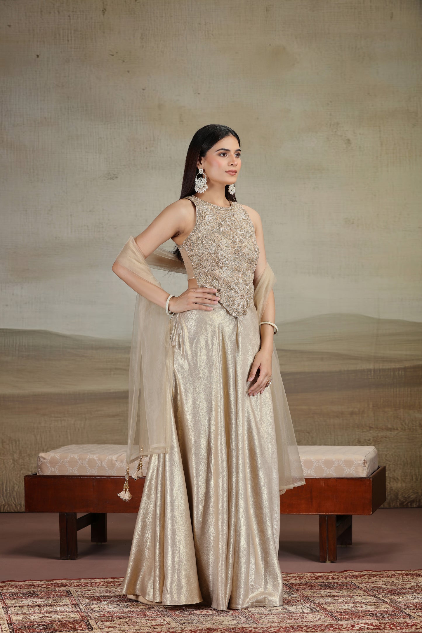 Gold Net & Velvet Outfit with Pearls & Zari Work