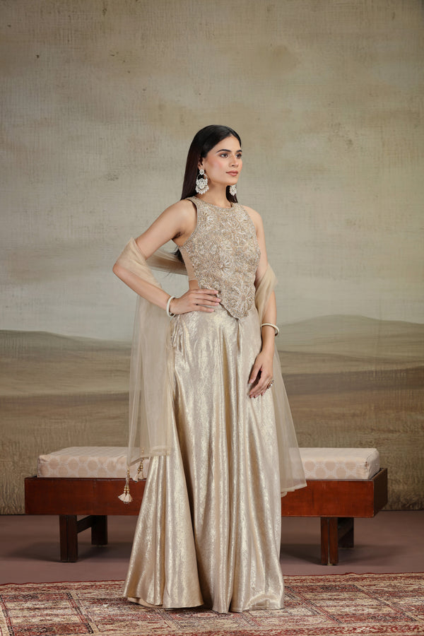 Gold Net & Velvet Outfit with Pearls & Zari Work