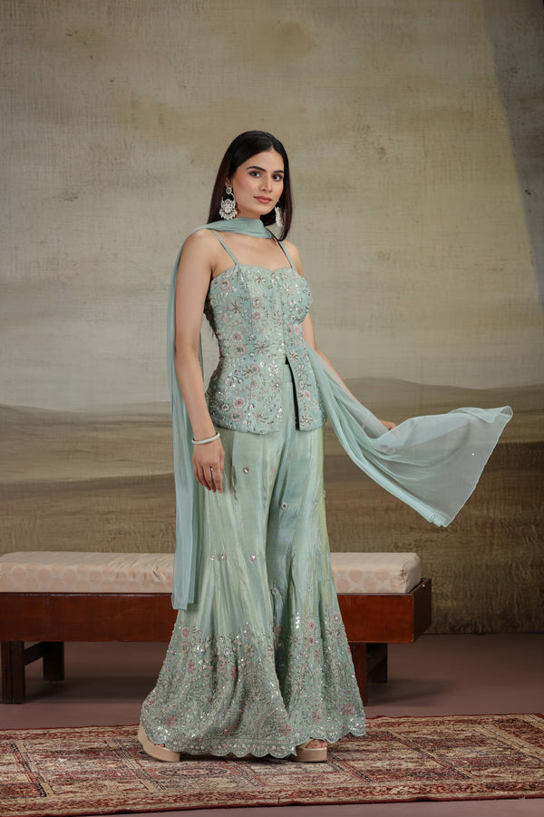 Pista Green Tissue & Net Outfit with Sequins & Thread Work