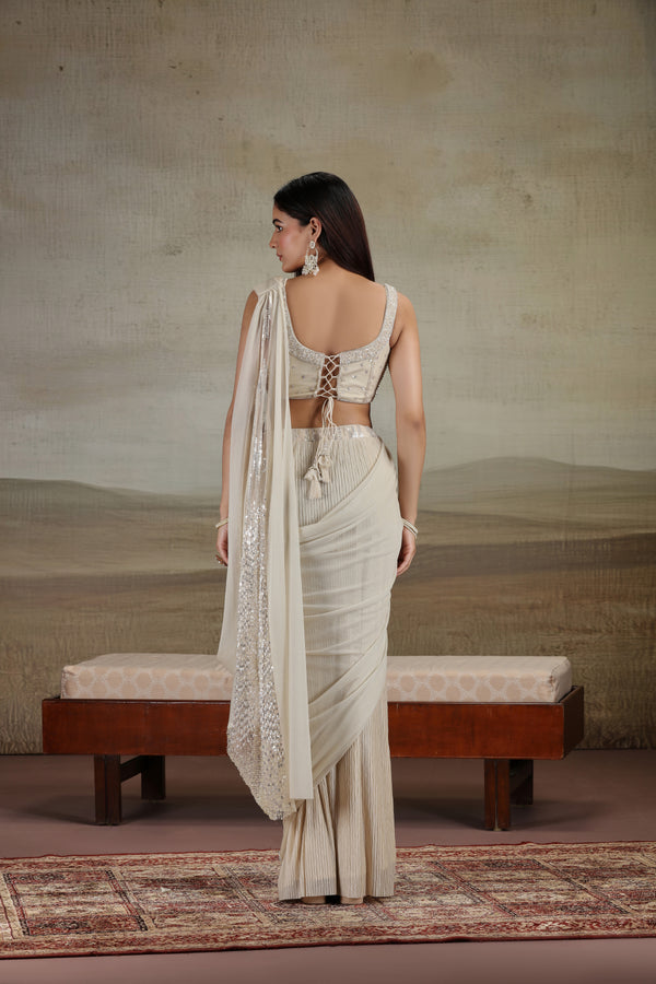 Beige Draped Saree with Embellished Blouse