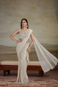 Beige Draped Saree with Embellished Blouse