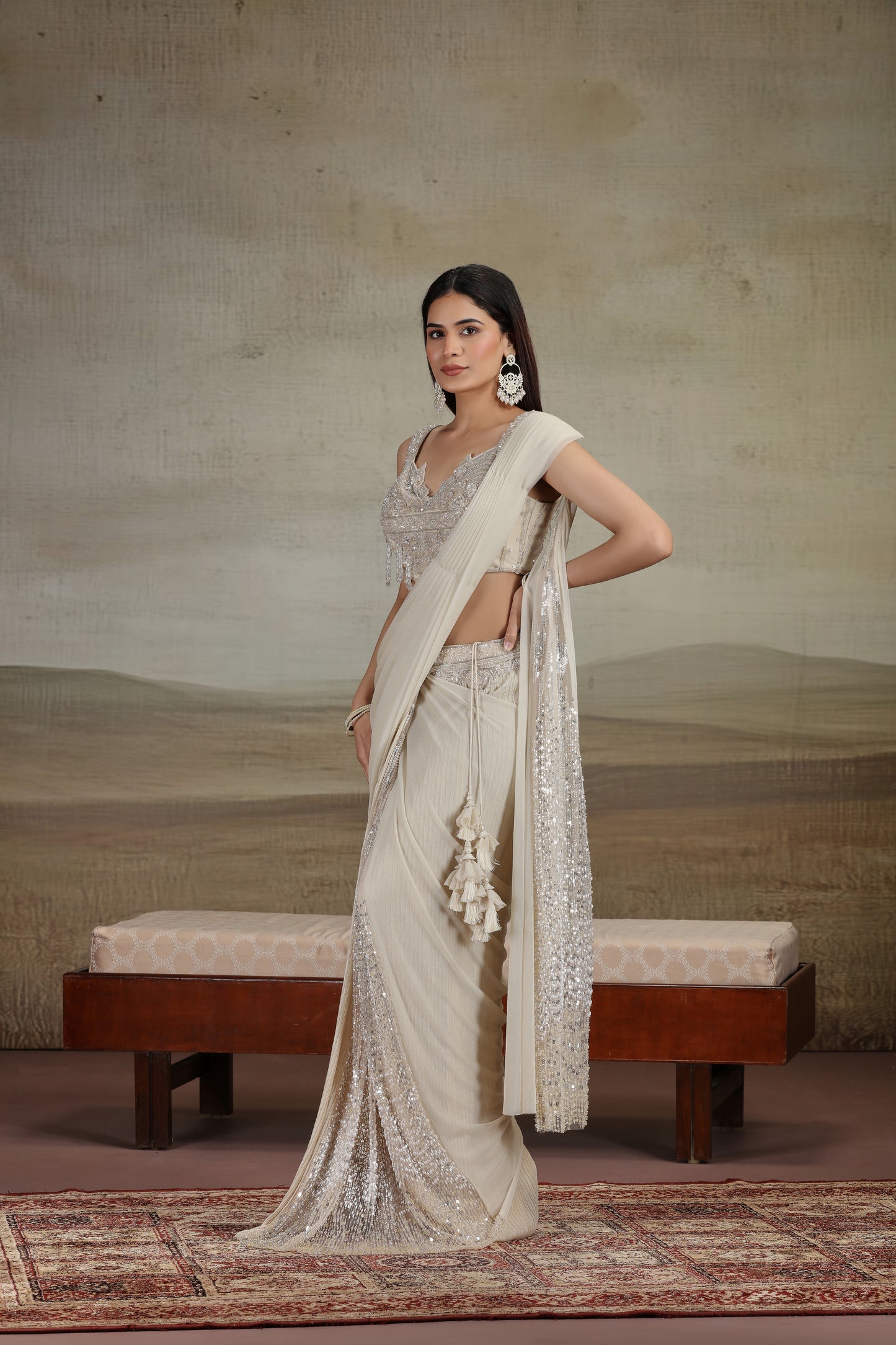 Beige Draped Saree with Embellished Blouse