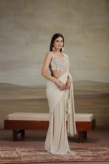 Beige Draped Saree with Embellished Blouse