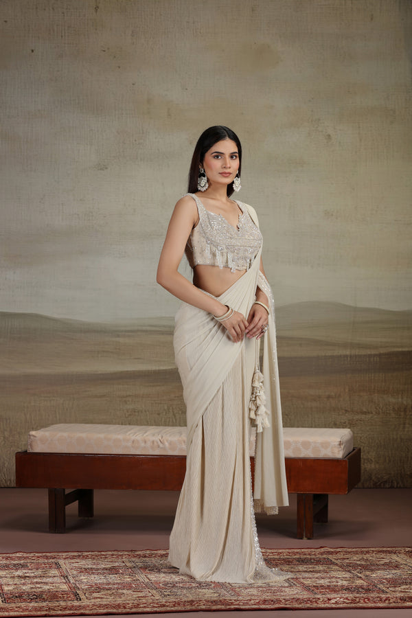 Beige Draped Saree with Embellished Blouse